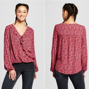 Red Floral Boho Peasant Ruffle Tie Blouse